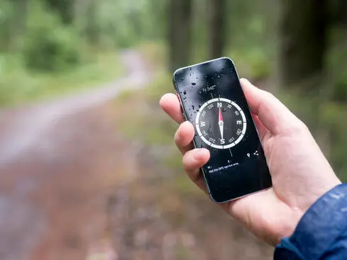 Person håller en smartphone med en kompassapp i en skogsmiljö