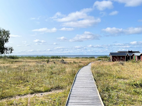 Strandpromenad med grönska och en stuga vid havet under en klarblå himmel