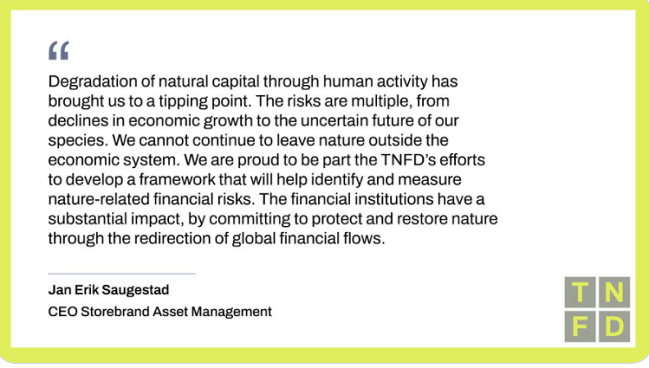 Citat från Jan Erik Saugestad, VD för Storebrand Asset Management, om vikten av att integrera naturkapital i det ekonomiska systemet och reducera naturrelaterade finansiella risker genom TNFD:s ramverk