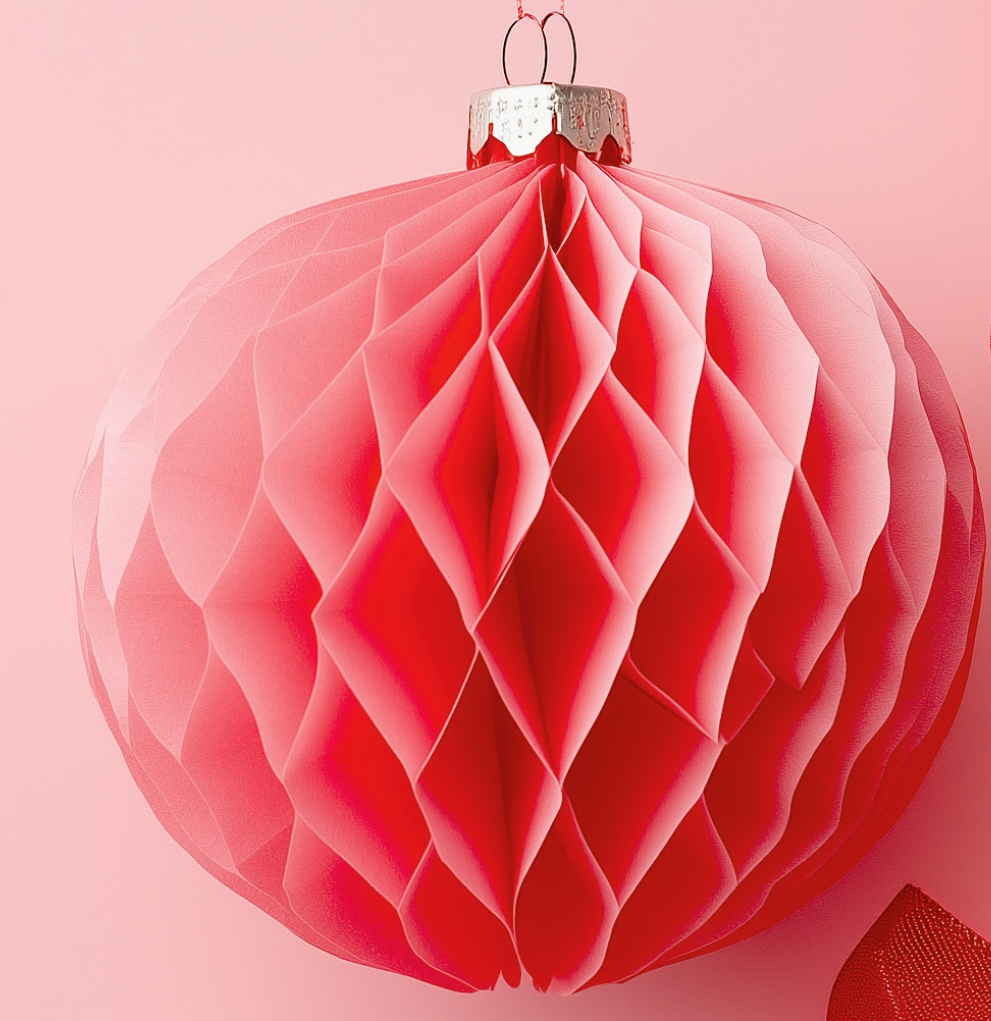 Röd juldekoration i papper mot rosa bakgrund