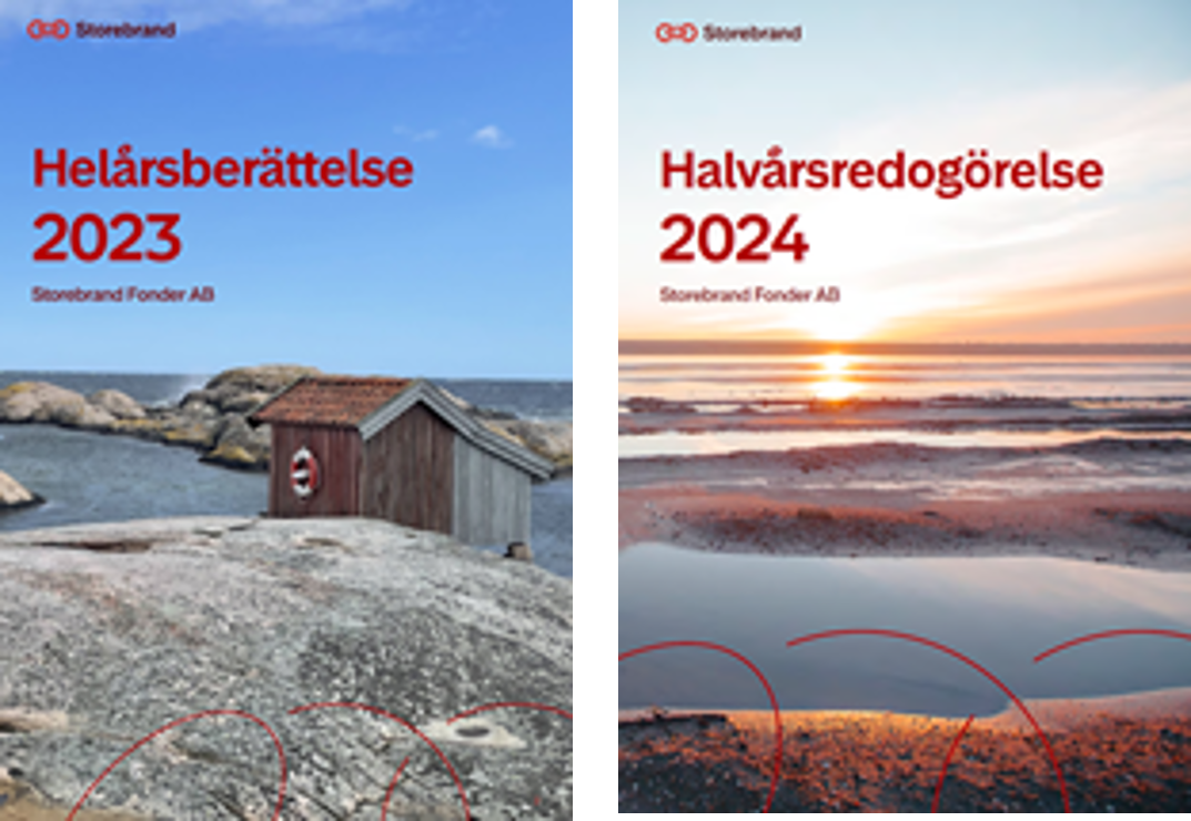 Omslagsbilder för Storebrand Fonder AB rapporter, Helårsberättelse 2023 med skärgårdsbakgrund och Halvårsredogörelse 2024 med solnedgång över havet