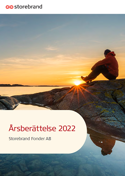 Omslag för Storebrand Fonder AB:s årsberättelse 2022 med en person som sitter vid havet i solnedgången