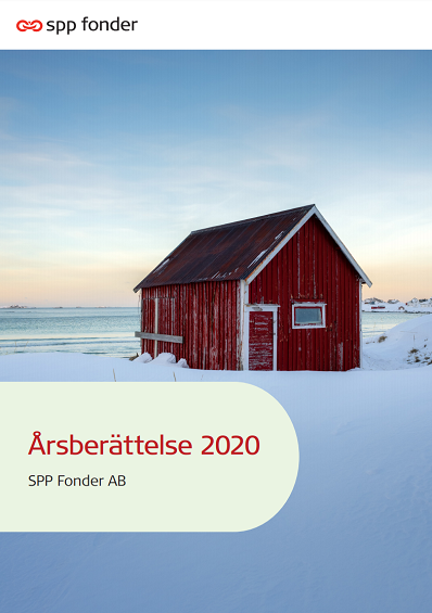 Röd stuga vid snötäckt kust, omslag till SPP Fonder AB:s årsberättelse 2020