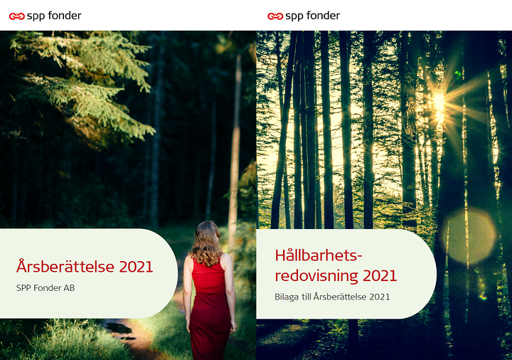 SPP Fonder ABs årsberättelse och hållbarhetsredovisning 2021, skogar i solljus och kvinna i röd klänning