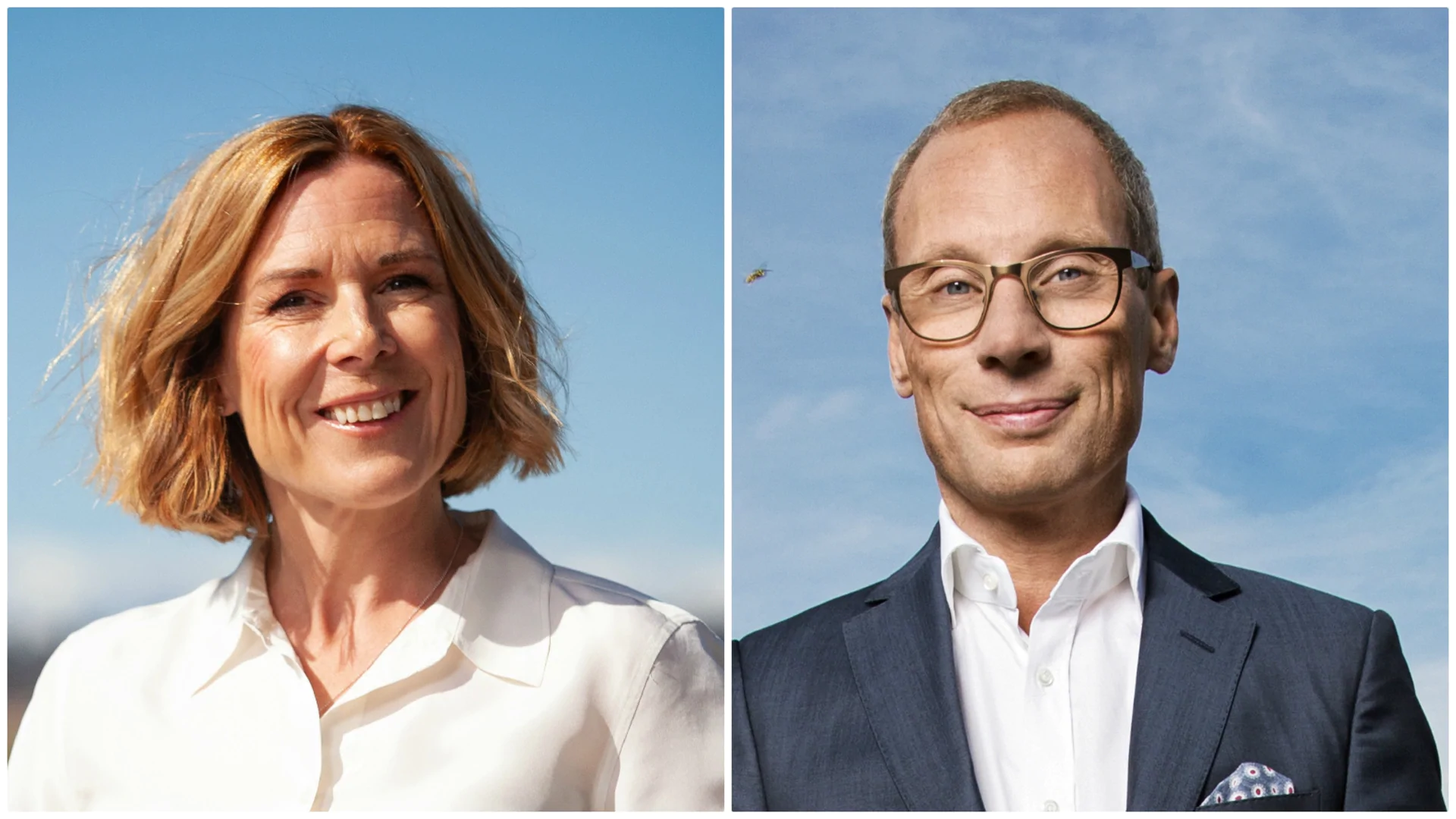 En kvinna och en man med affärskläder ler mot kameran; båda står utomhus med en klarblå himmel i bakgrunden