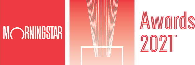 Morningstar Awards 2021-logotyp, röd bakgrund med vit text och grafiska linjer