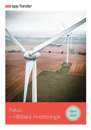 Vindkraftspark i landsbygdsområde med SPP Fonder-logga, fokus på hållbara investeringar, våren 2020
