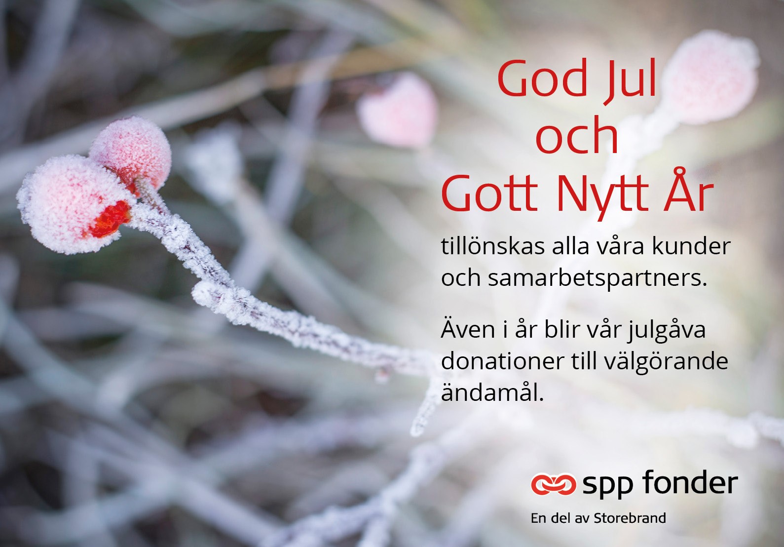Julhälsning från SPP Fonder med frostmönster, önskan om God Jul och Gott Nytt År, samt information om donationer till välgörande ändamål