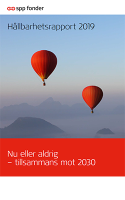 Omslag av SPP Fonder Hållbarhetsrapport 2019 med två röda luftballonger mot en bergig bakgrund, texten "Nu eller aldrig – tillsammans mot 2030"