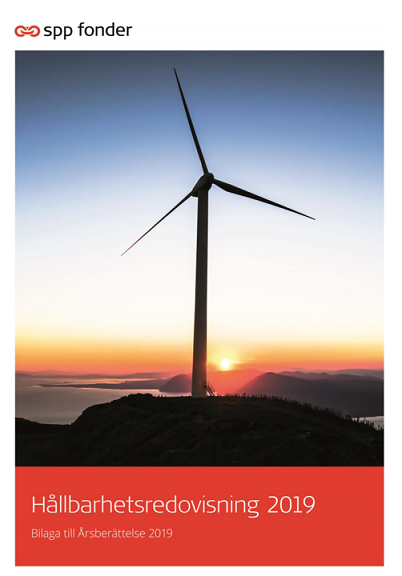 Omslag för SPP Fonders hållbarhetsredovisning 2019 med en vindkraftverk i solnedgången