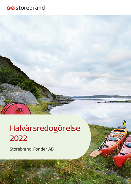Omslag för Storebrand Fonder AB:s halvårsredogörelse 2022, med en naturskön sjövy och kanoter