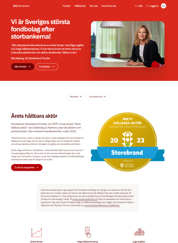 Storebrands webbplats framsida visar en kvinna, text som beskriver företaget som Sveriges största fondbolag efter storbankerna, och en utmärkelse för "Årets hållbara aktör" 2023 för hållbara investeringar