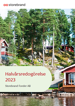 Halvårsredogörelse 2023 av Storebrand Fonder AB, omslagsbild med sommarstugor vid sjön och skog i bakgrunden