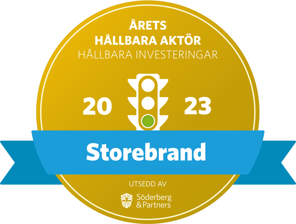 Årets hållbara aktör 2023, utmärkelse för hållbara investeringar, tilldelad Storebrand av Söderberg & Partners