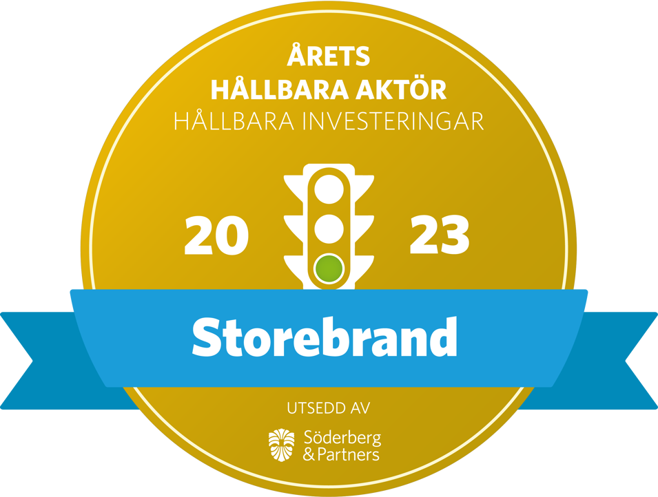 Årets hållbara aktör 2023, utmärkelse för hållbara investeringar, tilldelad Storebrand av Söderberg & Partners